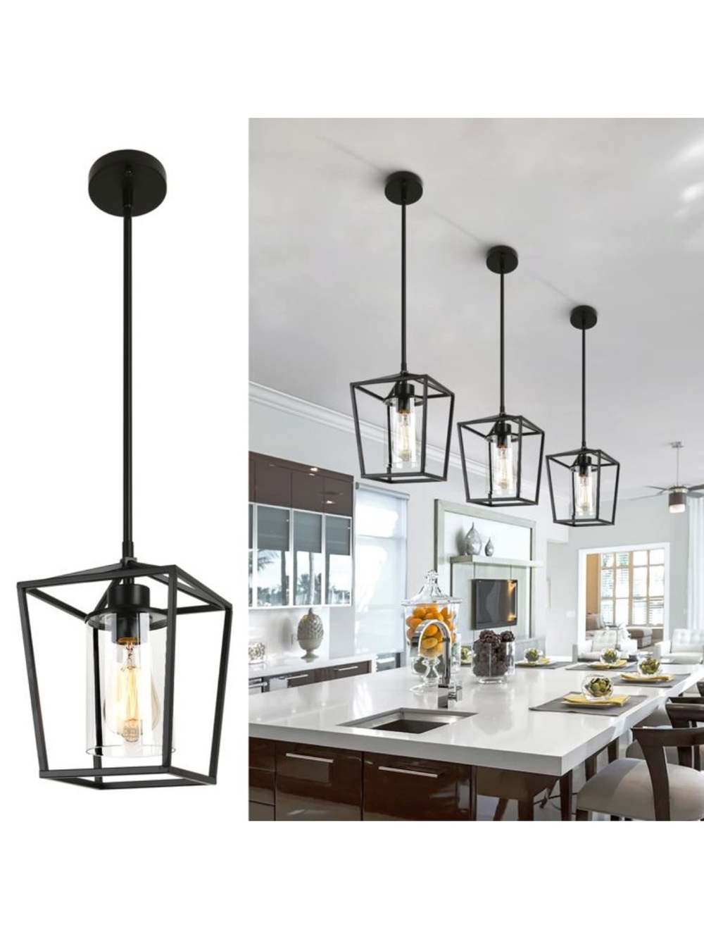 Modern Black Geometric Pendant Light - Elegant Kitchen Island Fixture